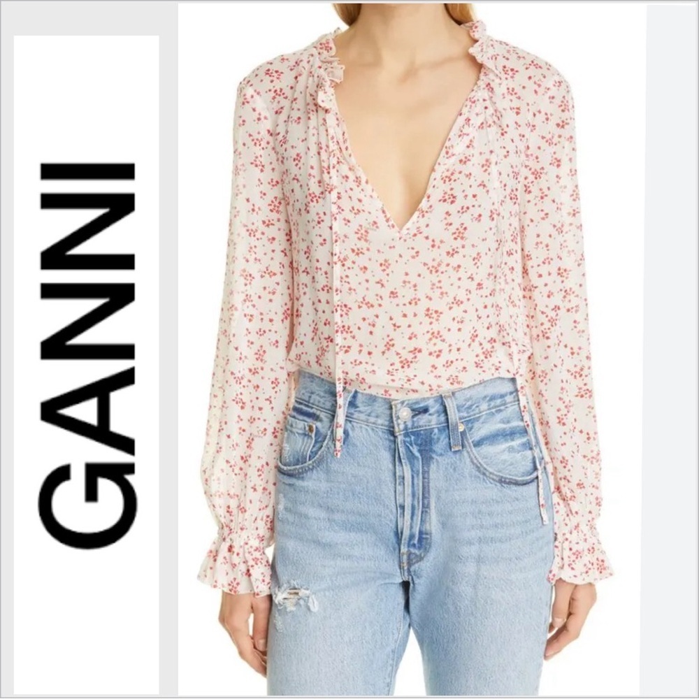 Ganni floral tie neck georgette blouse 34